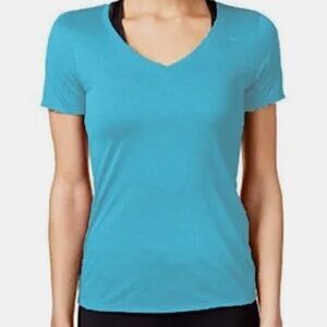 NIKE Fitted T Shirt Dri Fit Turquoise Blue Short Sleeve V Neck Womens SZ Medium
